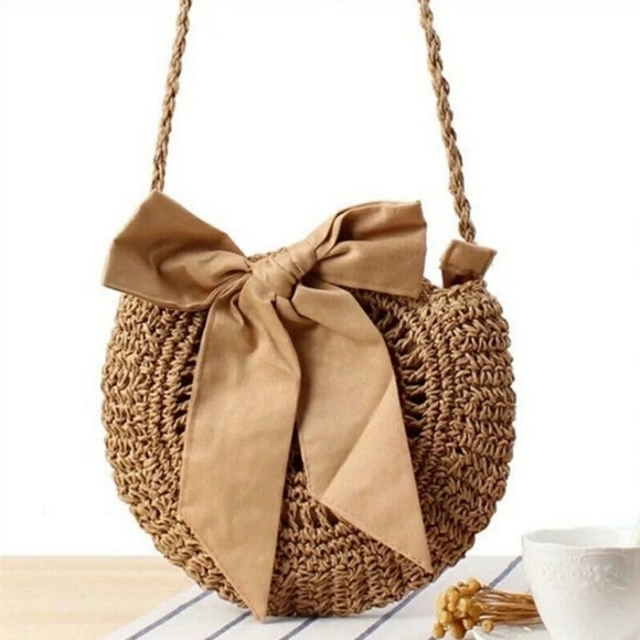 🆕Cute Circle Straw Bags with cute Bow Beige Brown - Picture 4 of 16